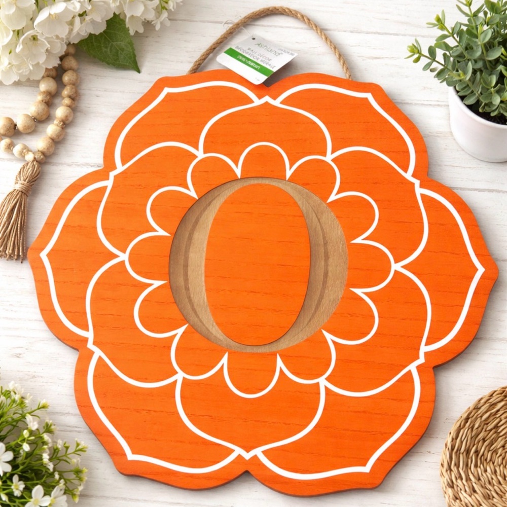 Vibrant Orange Floral Wall Art featuring the letter O
